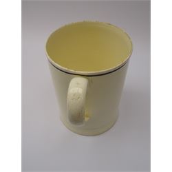 Early 19th century Sunderland Dawson & Co creamware pottery mug, the cylindrical body black transfer printed and polychrome detailed with a circular panel of a three-masted ship flanked by two figures of Peace and Plenty, above a panel containing verse 'May Peace with Plenty on our Nation smile [...]' H15cm D11cm
