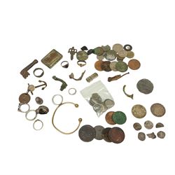 Various hammered silver coins, cartwheel penny, bosuns whistle, 9ct gold ring approx 2 grams, sterling silver ring, sterling silver ring set with a King George V 1936 three pence, silver pin cushion in the form of a bird missing pad, metal detecting finds etc