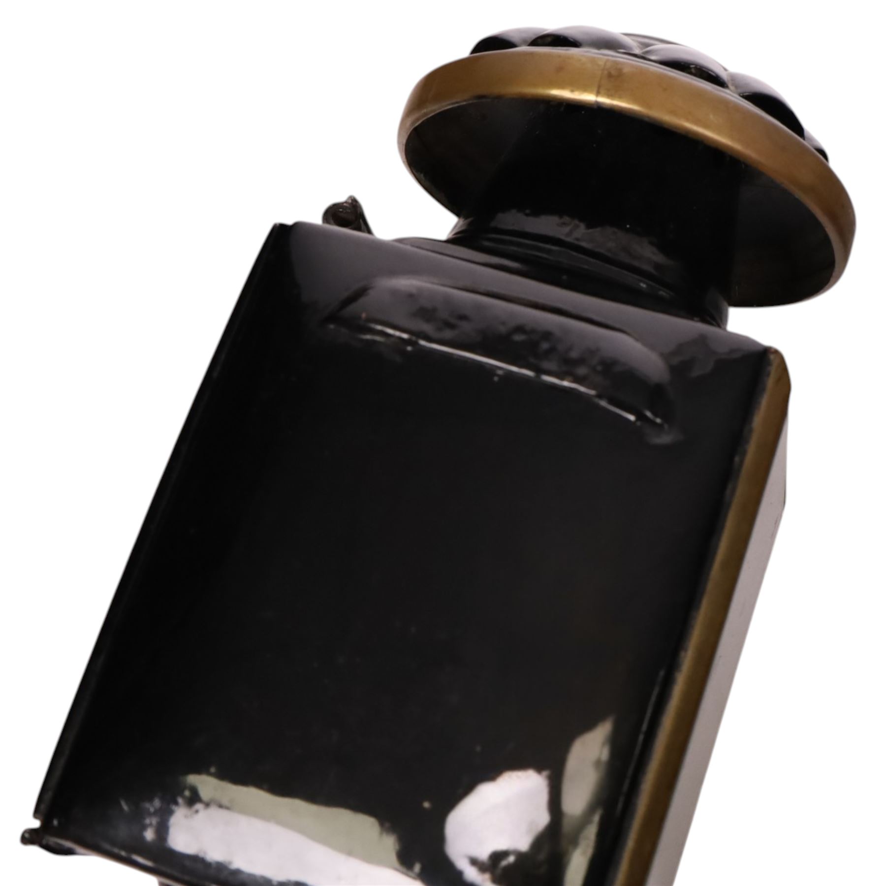 Pair of brass and toleware carriage lamps, the traditional chimney over a rectangular form body with bevelled glass, reflective panels, and rear circular red reverse light, H43cm
