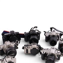Ten digital cameras, including seven Canon EOS examples, Nikon F65, Nikon Pronea and Nikon F75