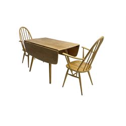 Ercol - elm and beech '383 drop-leaf dining table', rectangular top with rounded corners, raised on splayed tapering supports (110cm x 61cm x 72cm); Ercol - Pair of elm and beech '365a Quaker Back Windsor Armchairs' (63cm x 42cm x 97cm)