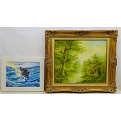  N J Bush (Contemporary): 'The Lonely Fishermen', oil on canvas signed with monogram, titled and dated 2012 verso, and WoodIand River Scene, oil on canvas signed I Cafieri 50cm x 60cm (2)  