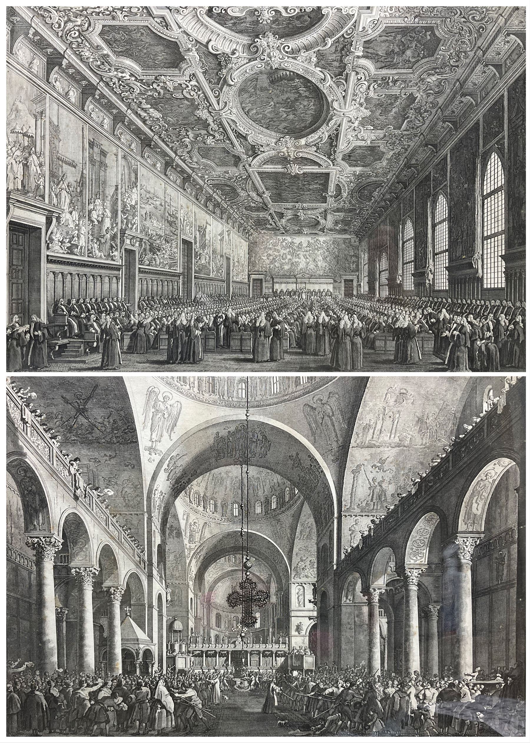 Giovanni Antonio Canal (Canaletto) (Italian 1697-1768): Great Council of Venice and St Mark's Basilica, pair engravings pub. c1766, 44cm x 56cm (2)