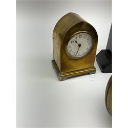 Miniature 'Zenith' travel alarm clock, in engine turned brass case with silvered numerical chapter ring, H5cm, together with other clocks to include Aynsley Portland Ware mantel clock, with moulded peacock design, Europa travelling clock, brass carriage clock, German copper clock of cube form etc