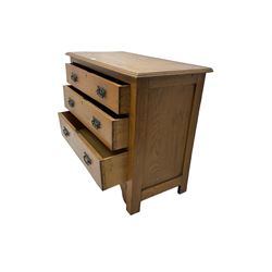 Early 20th century oak chest, rectangular top with panelled sides, fitted with three drawers