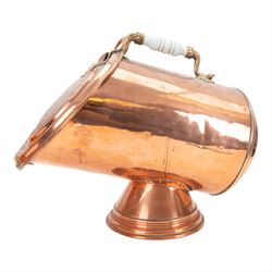 Pair of 19th century copper coal scuttles, of circular form raised on a circular stepped foot with hinged cover, H44cm, L50cm