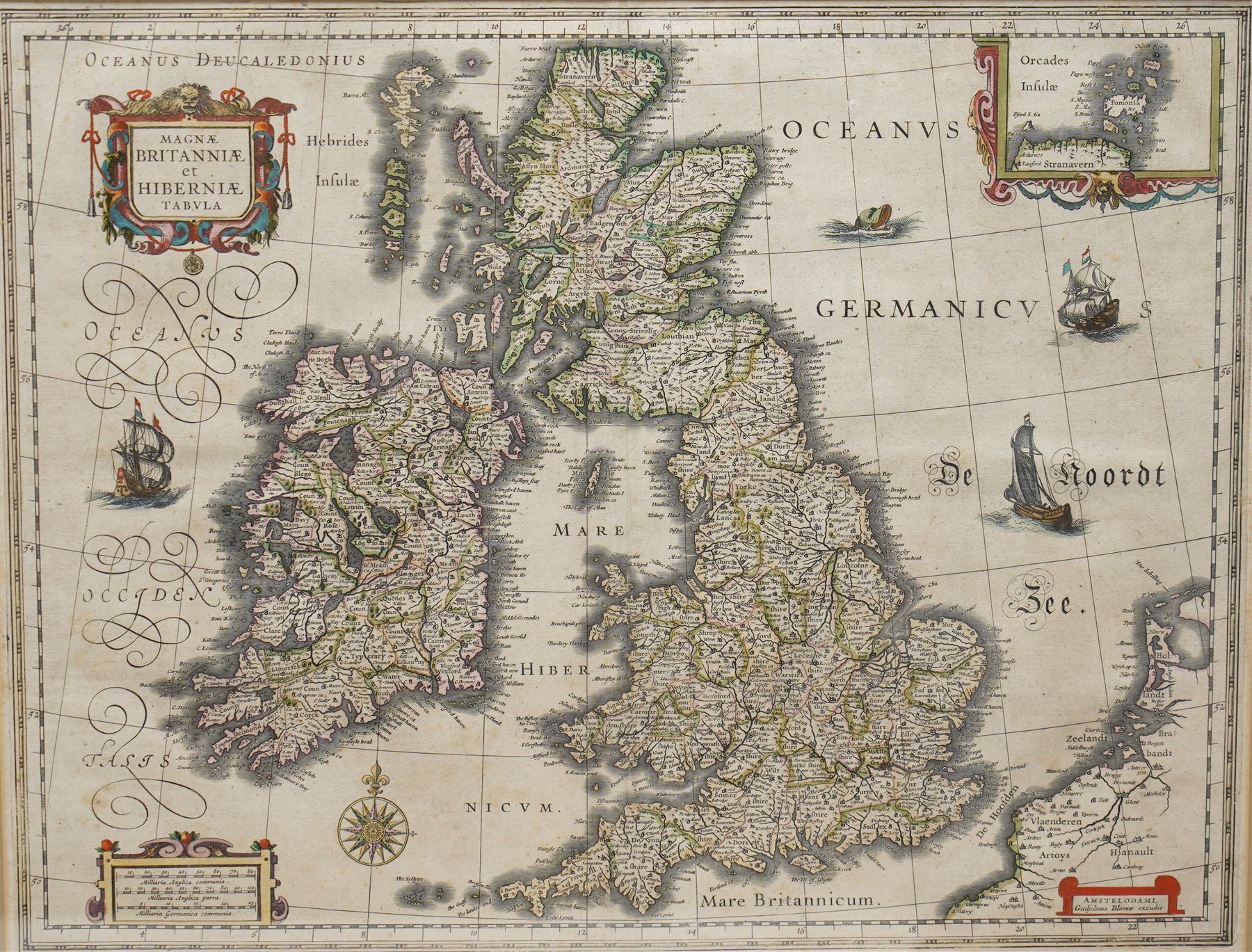 Willem Janszoon Blaeu (Dutch 1571-1638): 'Magnae Britanniae et Hiberniae Tabula', 17th century engraved map of the British Isles with hand-colouring pub. c.1640, 40cm x 51cm