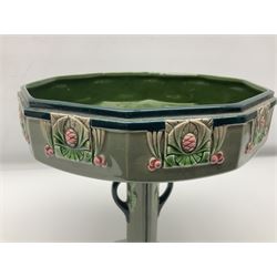 Early 20th Century Eichwald table centrepiece in the secessionist style, the bowl of decagon form decorated with pink and green floral geometric motifs upon blue grey ground raised upon central column with twin handles and spreading shaped foot, with impressed marks beneath, H26cm