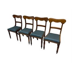 Set four Victorian mahogany dining chairs, shaped cresting rail over centre rail, seat upholstered in blue patterned fabric, raised on turned supports