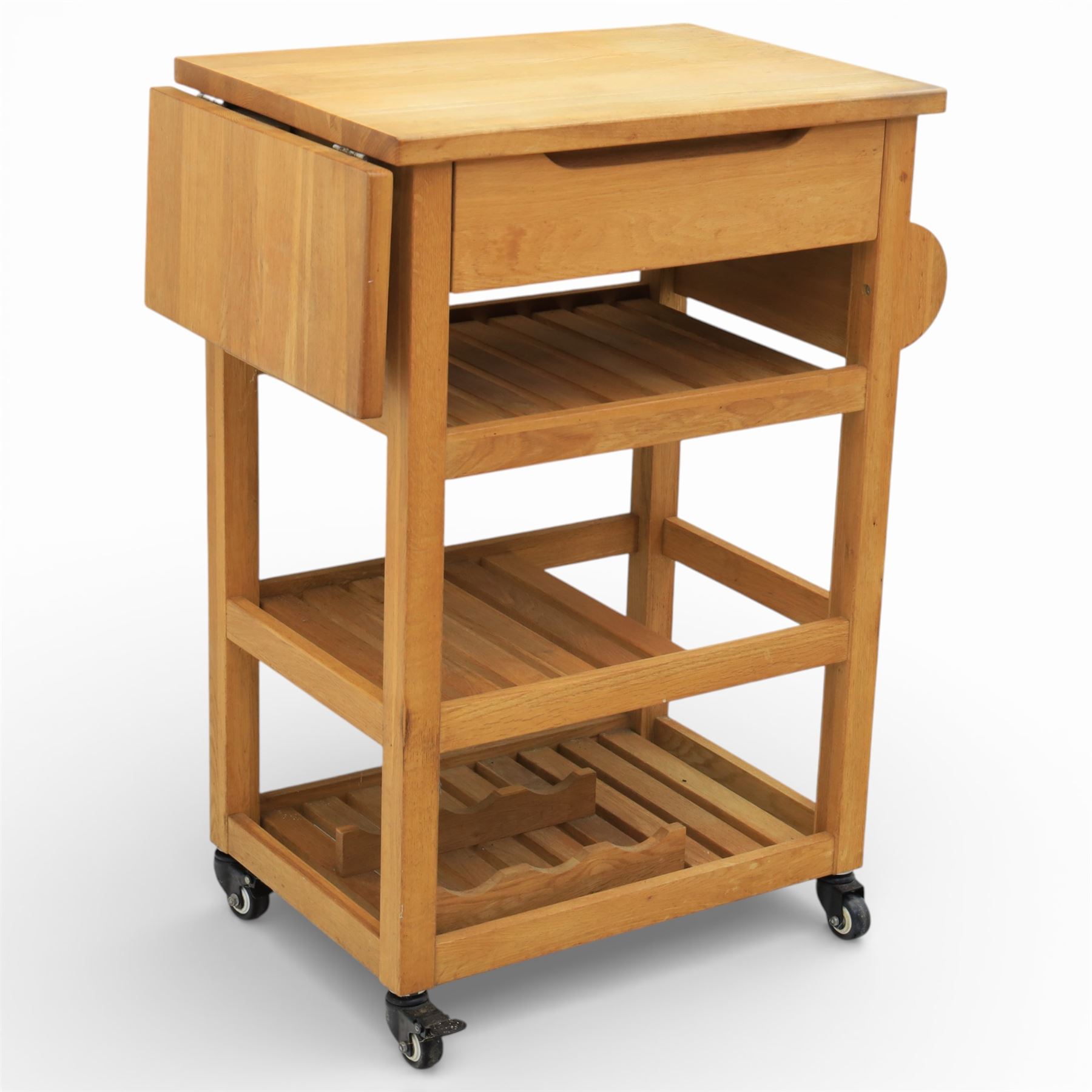 Modern oak butchers block, drop leaf end with towel rail to the other side, above three tiers raised on plastic castors 