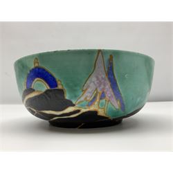 Clarice Cliff Inspiration Bizarre bowl, circa 1930, decorated in the Inspiration Caprice pattern, the exterior painted with stylised tree and temple landscape in blue, ochre and lilac upon a mottled blue green ground, the base painted Inspiration Bizarre by Clarice Cliff, Newport Pottery Burslem, England, D19.5cm