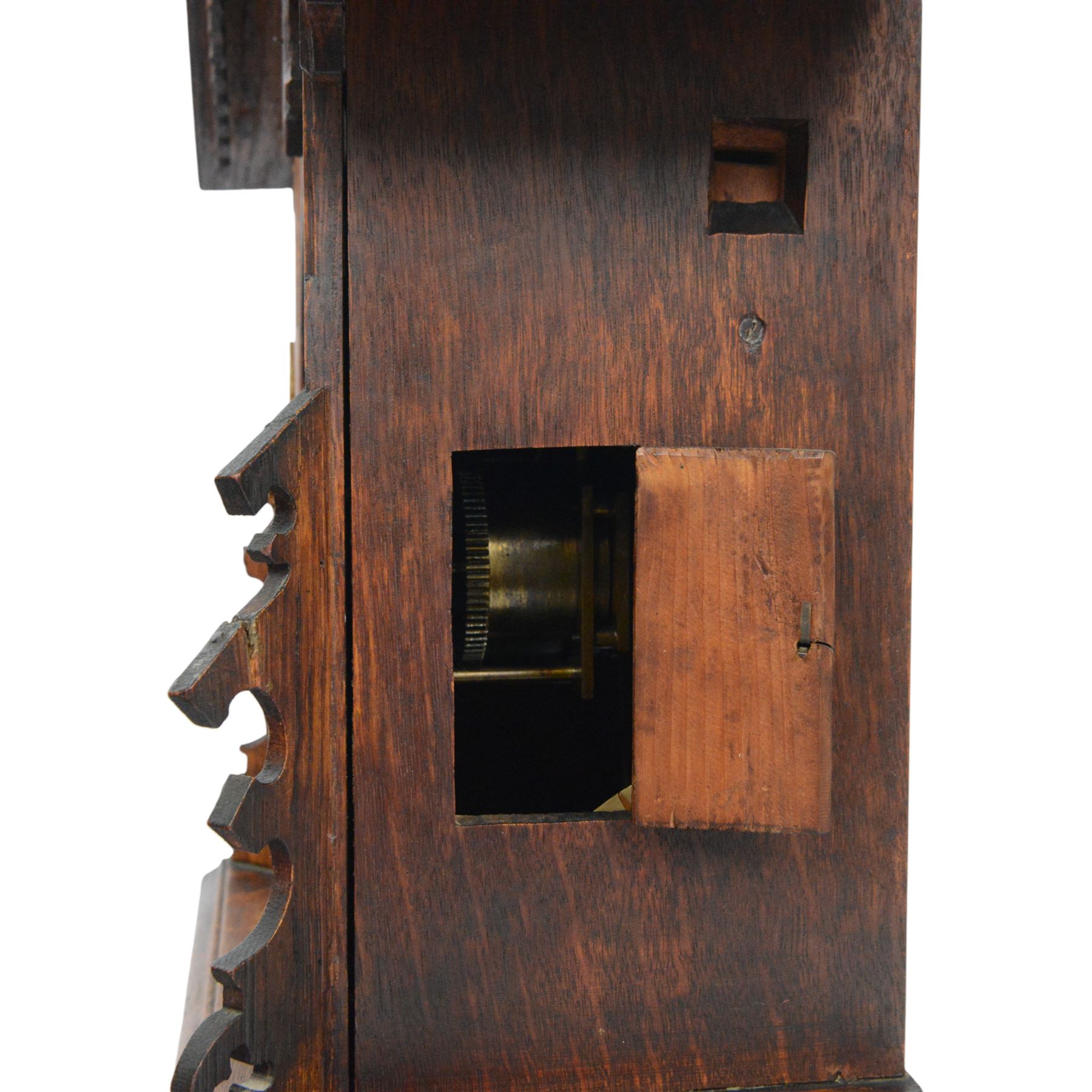 19th century Black Forest cuckoo mantel clock with carved architectural case, with eight day gong striking movement