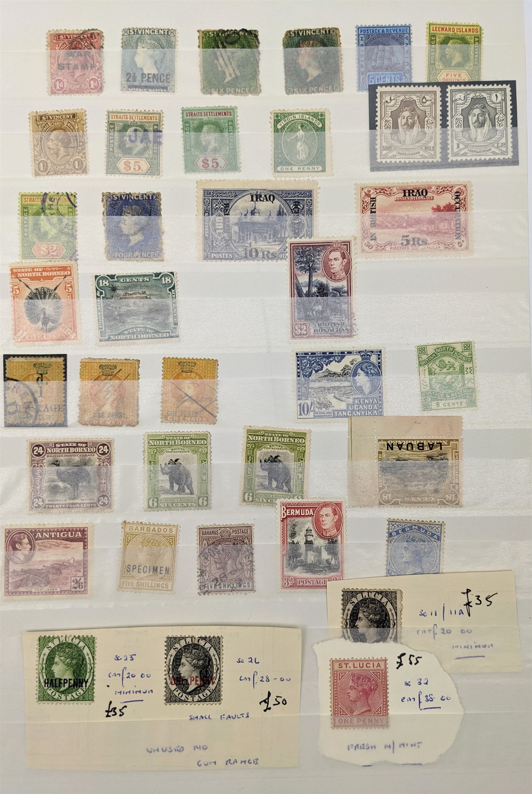 Queen Victoria and later World stamps, including Canada, Bermuda, Gibraltar, St Lucia, Trinidad, New Zealand, Cape of Good Hope etc, various values and monarchs , mint and used, housed in a green stockbook