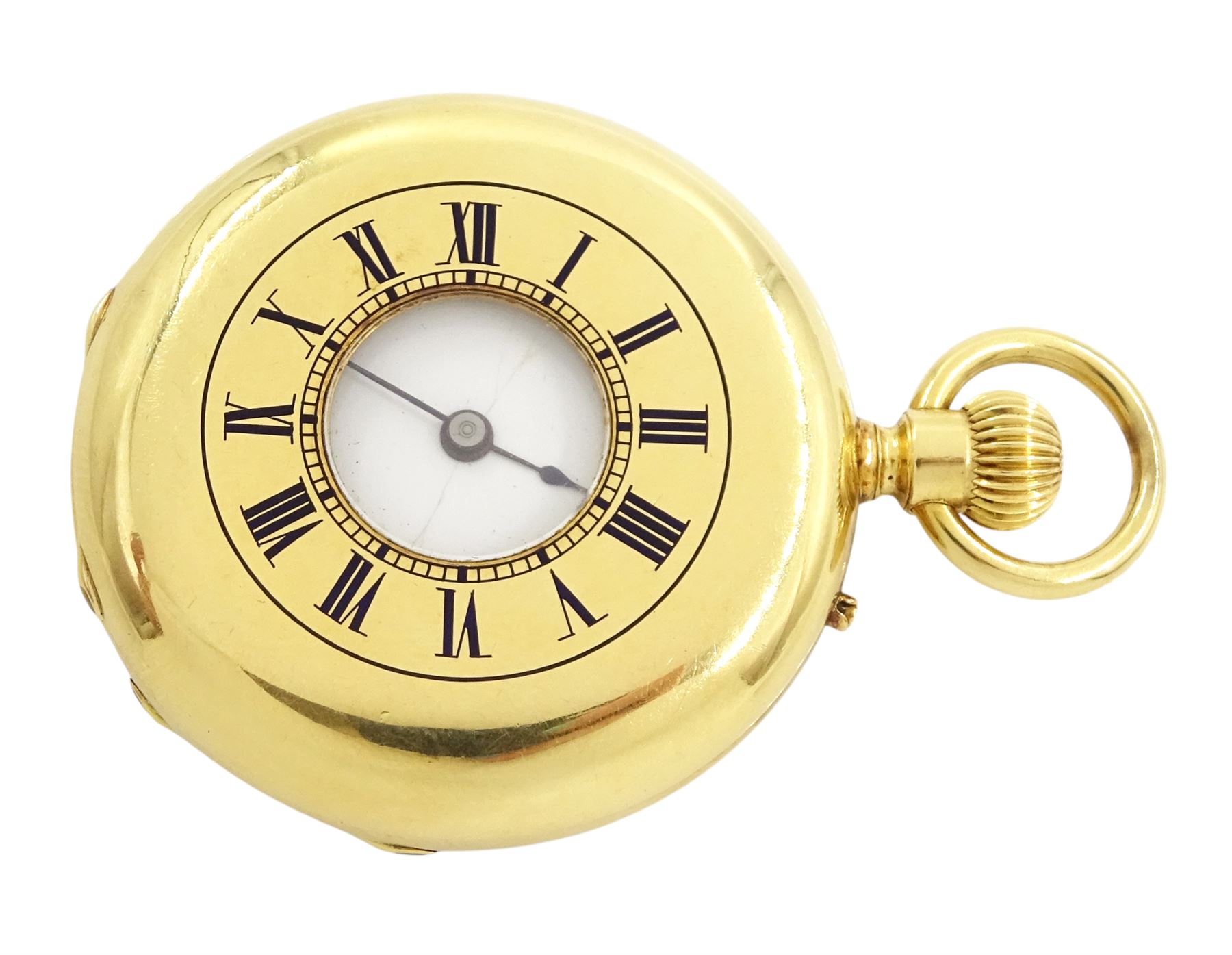 Victorian 18ct gold half hunter keyless lever pocket watch by Le Roy et Fils, Paris, No. 48021, white enamel dial with Roman numeral hour markers, back case monogrammed with initials, the 'B' with blue enamel, case stamped 18K