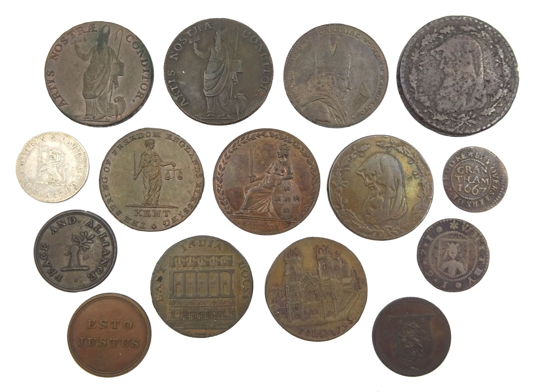 Fifteen 18th and 19th century tokens including 1791 Leeds halfpenny,  1796 York halfpenny, 1812 Doncaster Mirfin & Parker six-pence silver token, 1814 York farthing,  etc

