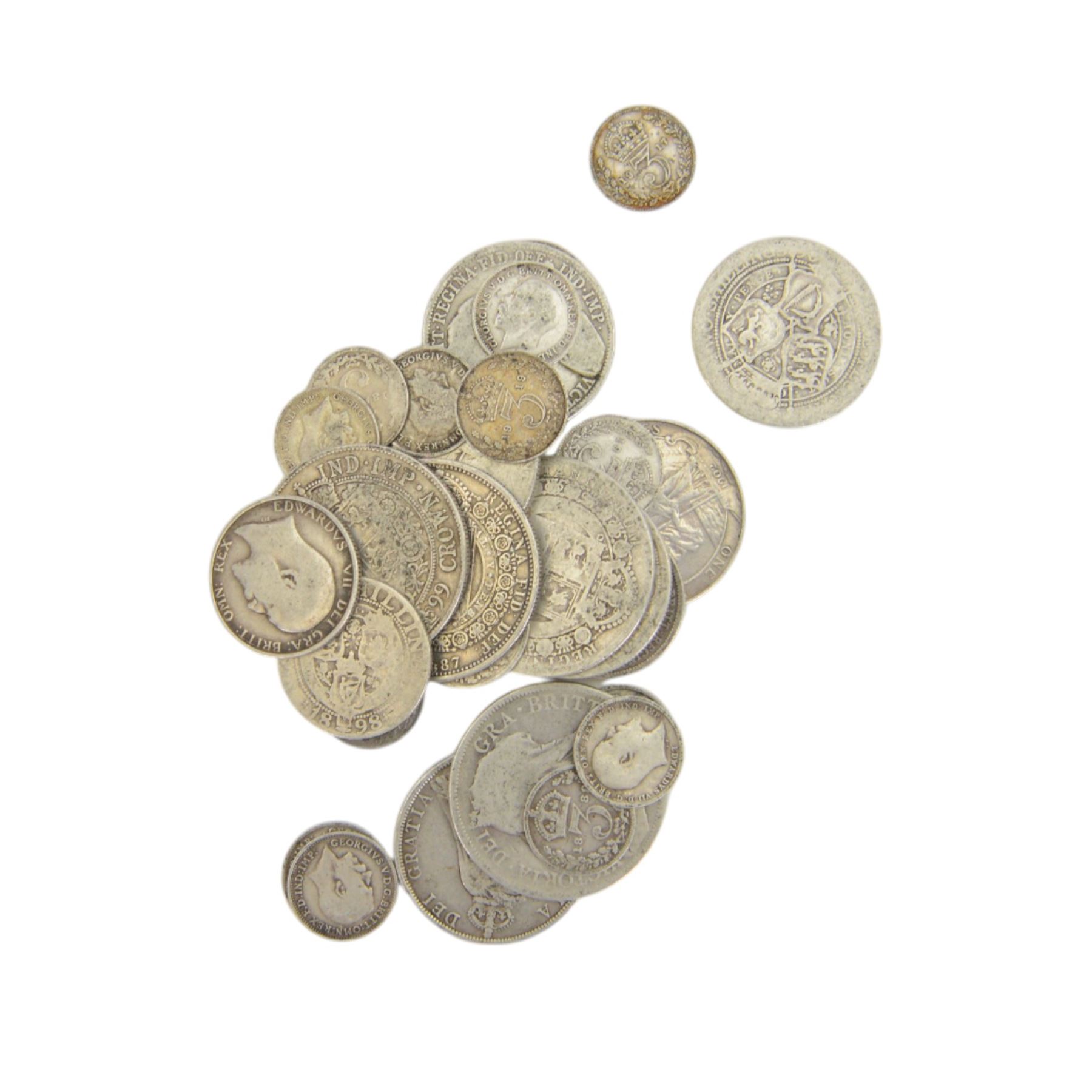 Approximately 170 grams of pre 1920 Great British silver coins, commemorative crowns, King George V Australia 1933 florin, Queen Elizabeth II South Africa 1955 two and a half shillings, pre-Euro coinage etc and various world stamps