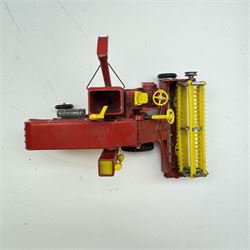 Britains 1:32 scale farm implements, vehicles and figures,  comprising 9563 Hay Baler, 9539 Seed Drill, 9534 Disc Harrow, 9537 Acrobat Rake, 9530 Three Furrow Plough, 9547 Horse Box with Horse, 9576 Farm Land Rover, 2078 male Rider with Horse, 9533 Roller, 9538 Vari-Spreader, 9536 Cultivator, three 1742 Hay Bales, 1740 Milk Churns and 1741 Sacks, all boxed, together with trees, walls, buildings and loose vehicles