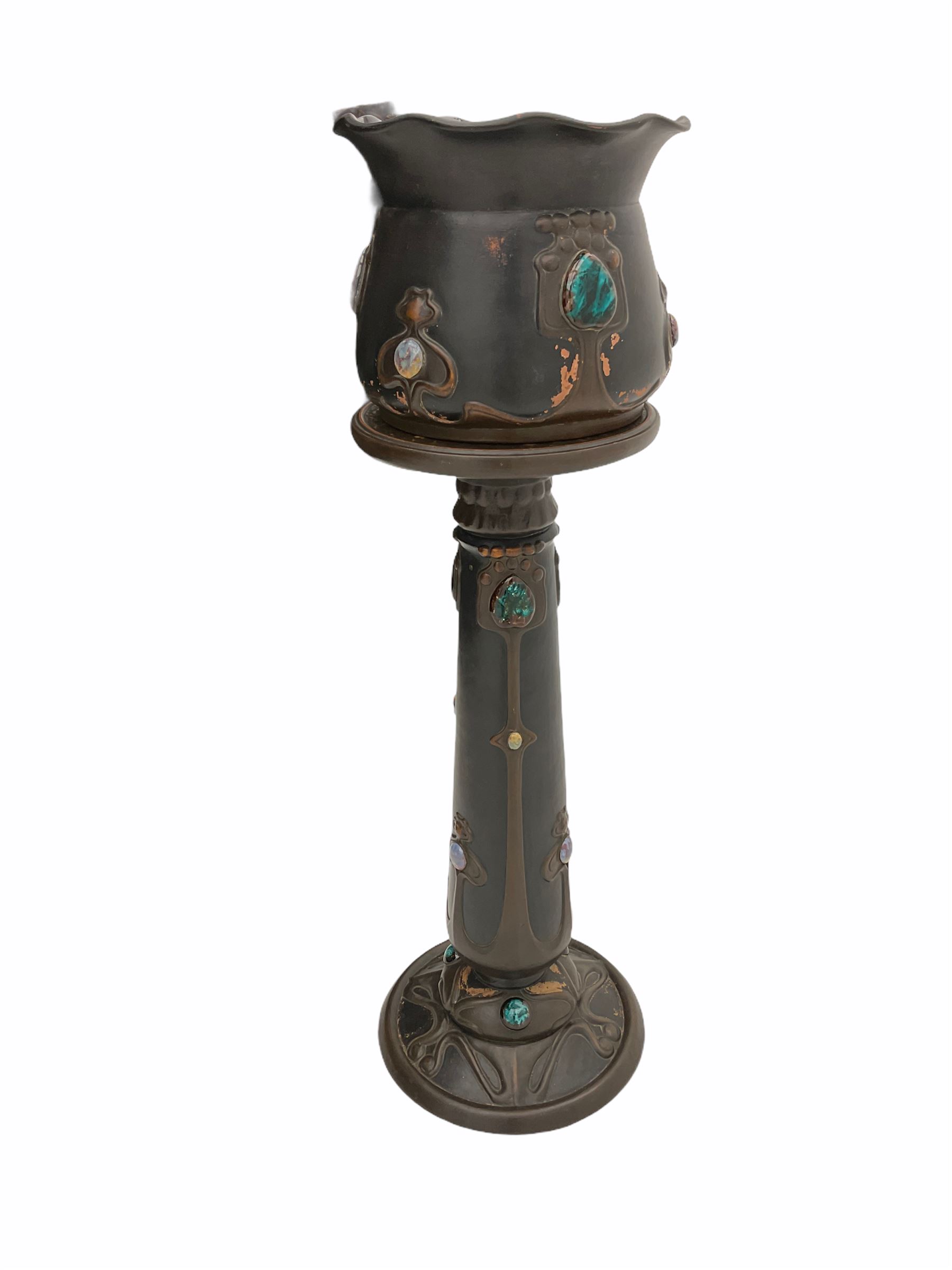 Early 20th century Bretby Art Nouveau Jardinière and stand, with applied cabochon detail, each with impressed mark beneath, jardinière H22.5cm D28cm, overall including stand H94.5cm