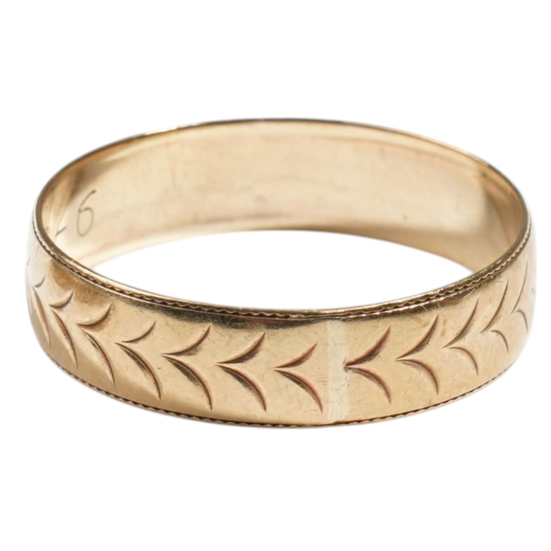 Two 9ct wedding bands, with engraved decoration
