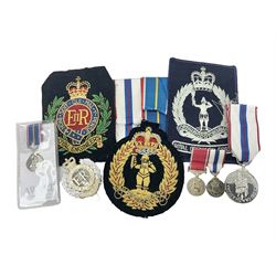 Military blazer badges, including Royal Observer Corps and Royal Engineers, modern medals and miniature medals