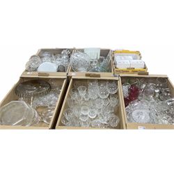 Large collection of assorted glassware, to include colour glass, drinking glasses of various size and form, cut glass bowls and vases etc, in five boxes