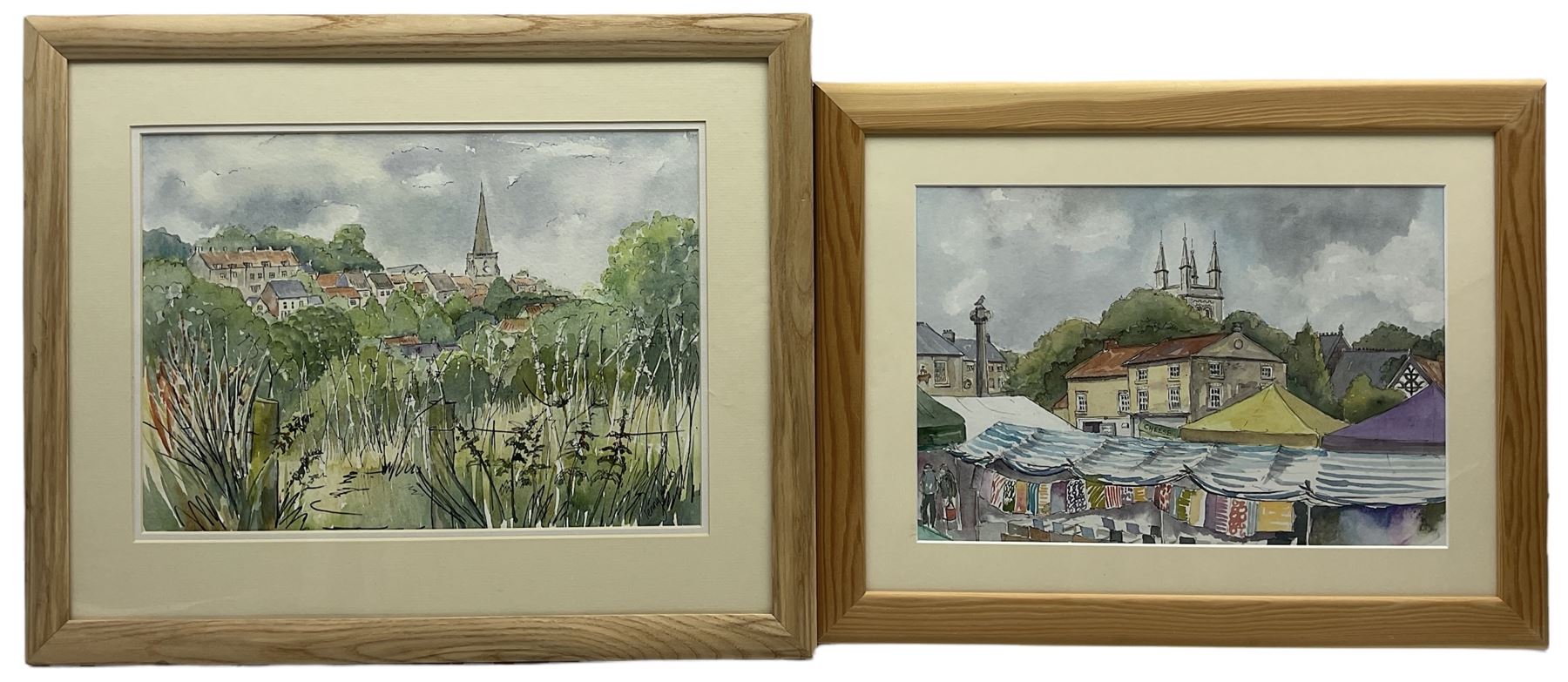 Penny Wicks (British 1949-): 'Helmsley Market' and 'Pickering from Beacon Hill', two watercolours and ink signed, titled on labels verso 25cm x 36cm and 27cm x 38cm (2)