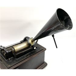 Edison Standard Phonograph with oak base (no cover), the reproducer marked 'Model C', serial no. 634857, last patent date Oct.1905, with black japanned conical horn L33cm; together with five cylinders