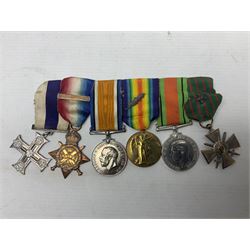 WW1/WW2 Military Cross group of five medals comprising M.C., 1914 Star with date clasp to 34156 Sjt. G. Ferguson R.F.A., British War Medal and Victory Medal with MID leaves to Major G. Ferguson, WW1 French Croix De Guerre with MID Star and WW2 Defence Medal; all with ribbons on pinned wearing bar; WW1 group of five miniature dress medals; two Royal West Kent cap badges; early 20th century silver cigarette case engraved with GF monogram and adapted as a photograph holder with image of Ferguson in civilian clothing; presentation Rotary 9ct gold cased wrist-watch with 1931 British Legion inscription verso; and archive of ephemera including 1914 MID certificate; WW2 Home Guard certificate; over twenty career spanning photographs of Regimental groups, portraits, Sandhurst etc; 1914 Commission document to 2nd Lieutenant; 11th Brigade R.F.A. Roll of Honour 1914-18; 'Soldier's Small Book'; Army Book 439 etc