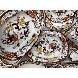 Masons Brown Velvet pattern tea and dinner wears, to include eight dinner plates, eight twin handled soup bowls and saucers, eight tea cups and saucers, cheese cover and plate, jug, meat platter etc (84)  