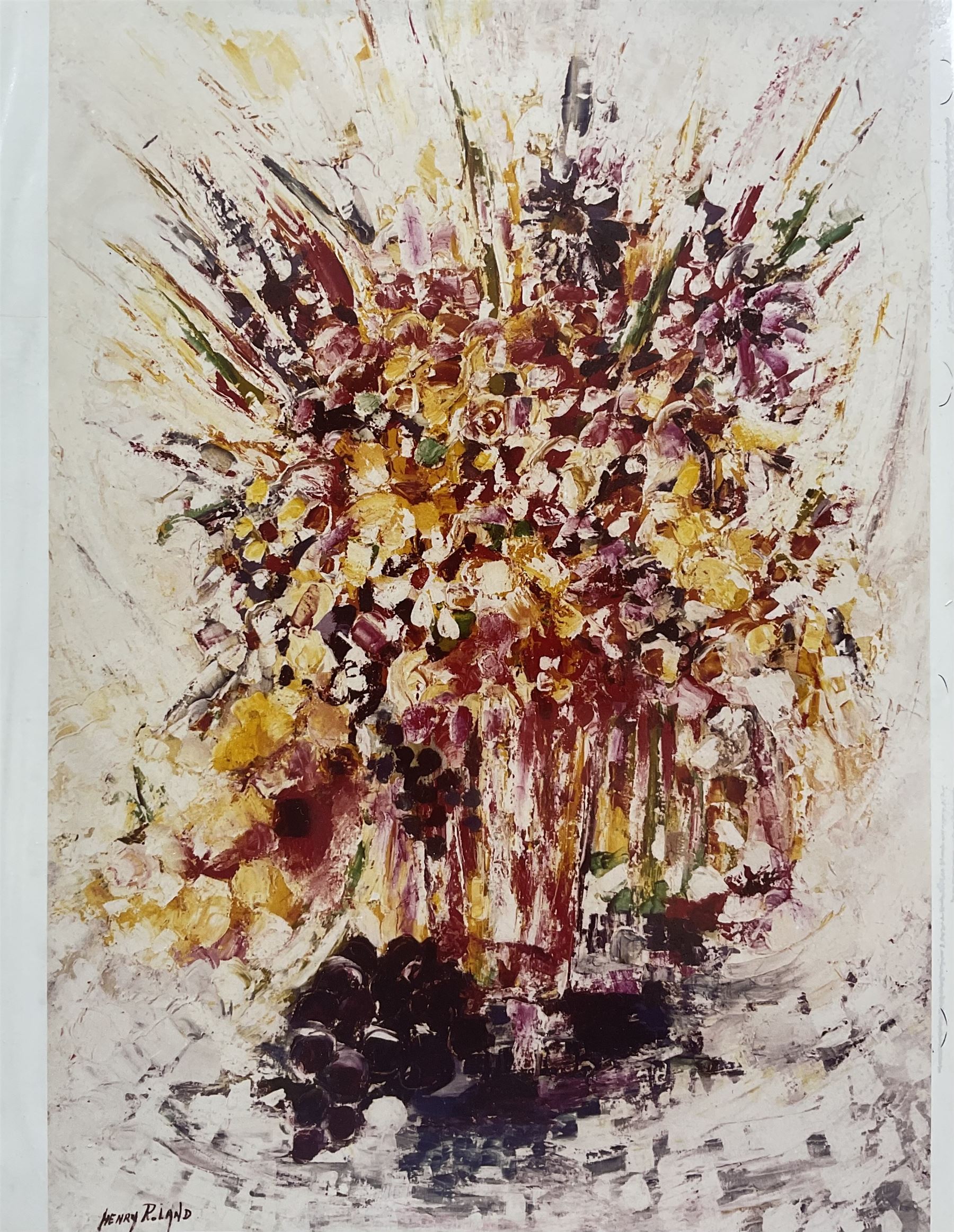 Henry Roland (Belgian 1919-2000): Three mixed media still life studies variously signed, titled and dated together with a signed Sketch of a Lady upon a beermat; a posthumous album of prints with other Roland ephemera max 24cm x 32cm (5)