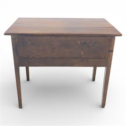 18th century oak lowboy, the rectangular top above an arrangement of three drawers with brass swan neck handles and shaped backplates, the drawers with fielded fronts, raised upon square tapering legs 