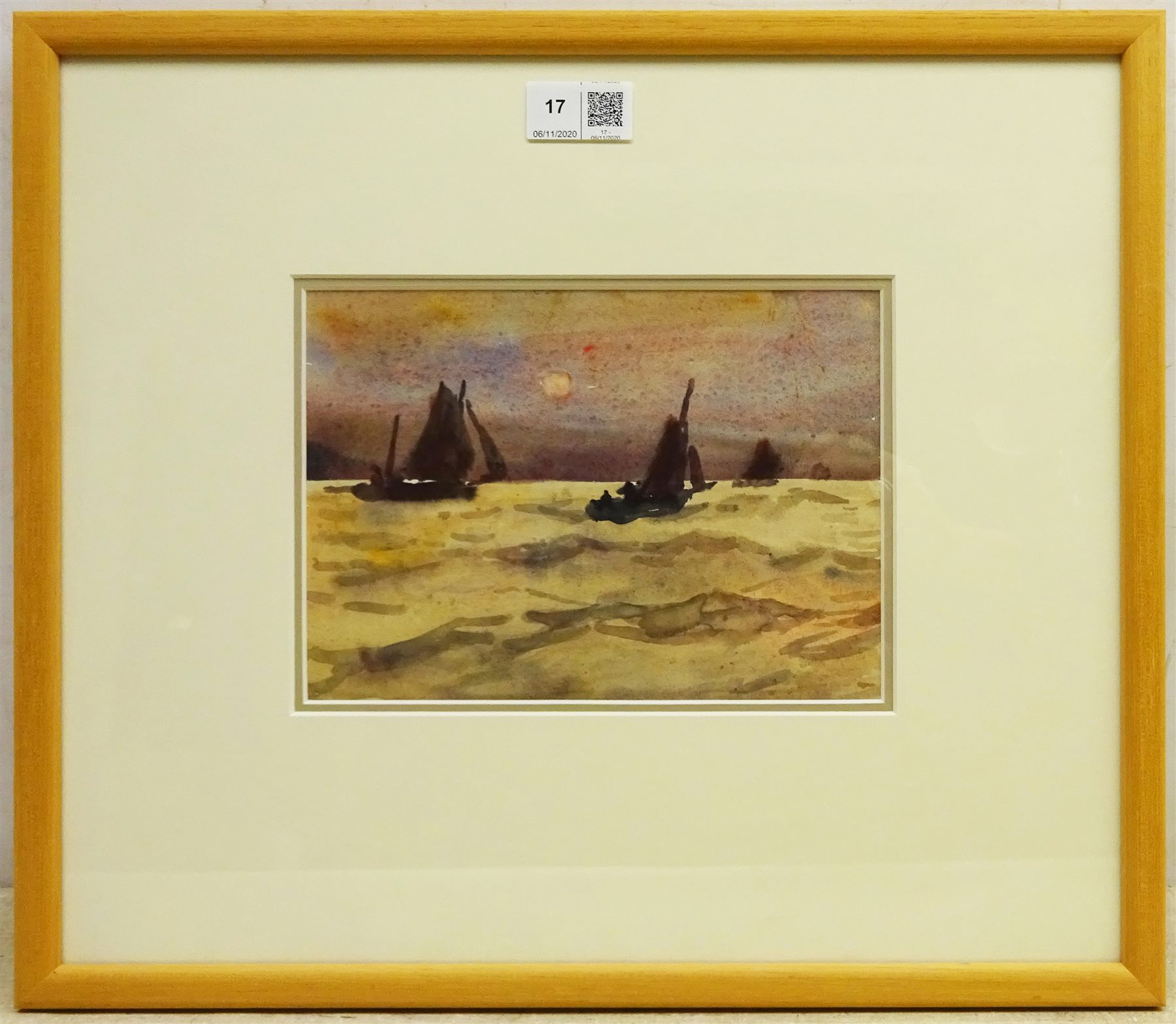  Joseph Richard Bagshawe (Staithes Group 1870-1909): Fishing Boats setting Sail at Sunrise, watercolour, authenticated by his granddaughter verso 15cm x 21cm  