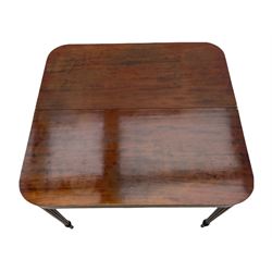 Early 19th century tea table, rectangular fold-over top with rounded corners, the frieze and sides inlaid with satinwood panels, double gate-leg action base, on reeded supports 