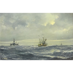  Jack Rigg (British 1927-): 'The Intruder' - Arbroath Fishing Boats near a North Sea Oil Platform, oil on canvas signed, titled signed and dated 1979 verso 50cm x 75cm   DDS - Artist's resale rights may apply to this lot    