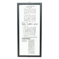 Betty Grable -  A purse designed as a bunch of violets and used by Betty Grable in the film 'Sweet Rosie O'Grady' 1943 and won in a competition in the Sunday Pictorial newspaper by Beth Jackson with newspaper cuttings, letter, photographs etc, together with a limited edition figure of Betty Grable by Modern Icons 458/2500, with magazines, books and other items relating to Betty Gable