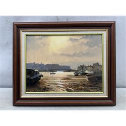 Don Micklethwaite (British 1936-): Whitby Swing Bridge at Sunset, oil on canvas signed 30cm x 39cm 