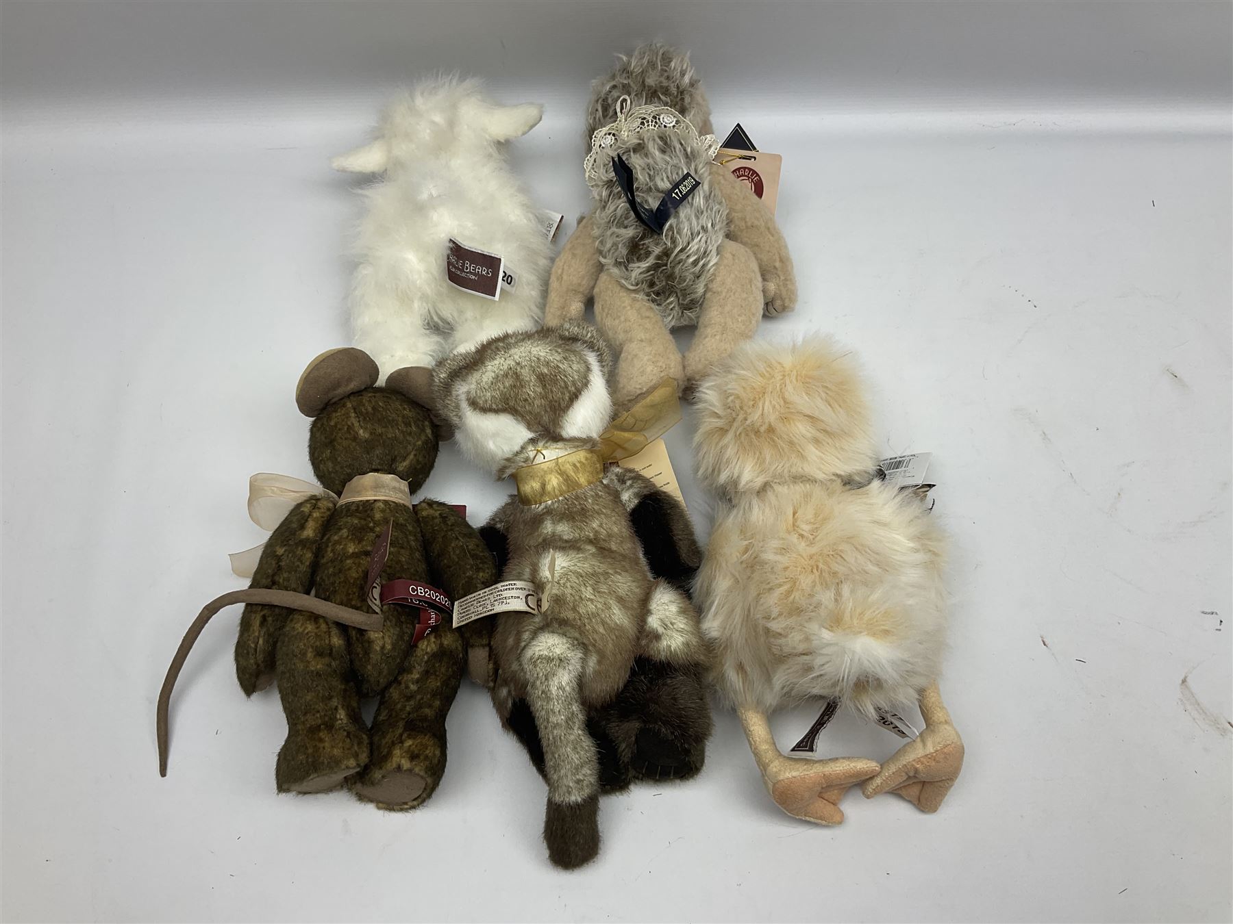 Nine Charlie Bears, comprising three limited edition examples, Fauna SJ6017, designed by Isabelle Lee, 105/240, Little Miss Muffet CB205252O, 648/1000, and Romano CB202020, 405/600, plus Roulade CB202047, Clawdia CB171796, Annabelle CB171782, and Seek CB161691, each designed by Isabelle Lee, and Scrambles CB185194, and Baabahrah CB205251O, all with tags 