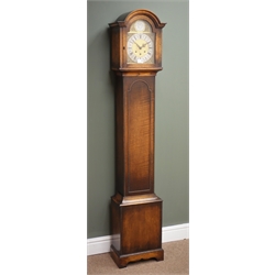  Early 20th century oak cased grandmother clock, with arched brass dial, triple train movement striking the quarter hours on rods, H167cm  