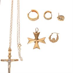 9ct gold jewellery, including paste set signet ring, star pendant and three single earrings, 18ct gold single hoop earrings, pair of gold on silver cufflinks and a silver ingot and chain  