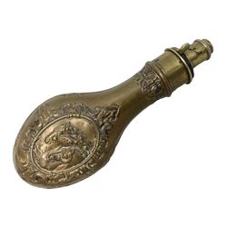 Copper and brass powder flask by G. & J.W. Hawksley Sheffield with embossed panel of 'Pharaohs Horses' to one side H21cm