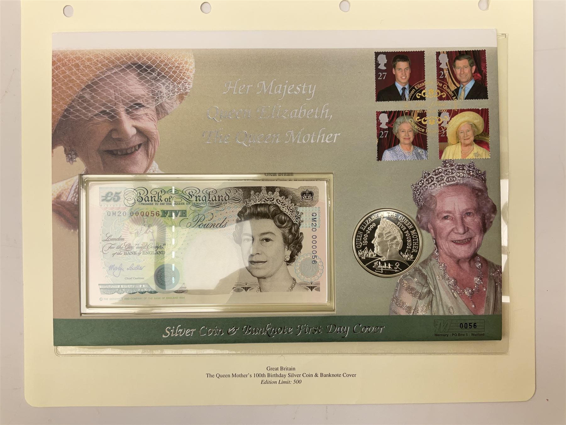 Four coin covers, comprising 2000 'The Queen Mother's 100th Birthday Silver Coin & Banknote Cover' limited edition 56/500, 2000 'Charles Darwin Commemorative Coin & Banknote Cover' limited edition 68/500, 2001 'Celebrating the 100th Birthday of Her Majesty The Queen Mother' containing  a 1999 silver one pound coin and 2001 'Royal Navy Submarines 100th Anniversary Cover' containing 2001 Turks & Caicos Islands 20 crowns silver coin