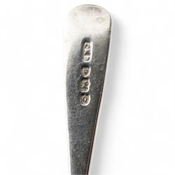 Set of six Victorian silver coffee spoons with fluted bowls and engraved stems London 1891 Maker Josiah Williams & Co and four pairs of silver sugar tongs, various dates