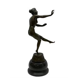 After Claire Jian Robertine Colinet (1880-1950); Art Deco style bronze, modelled as a dancing nude figure upon a marble base, H22cm
