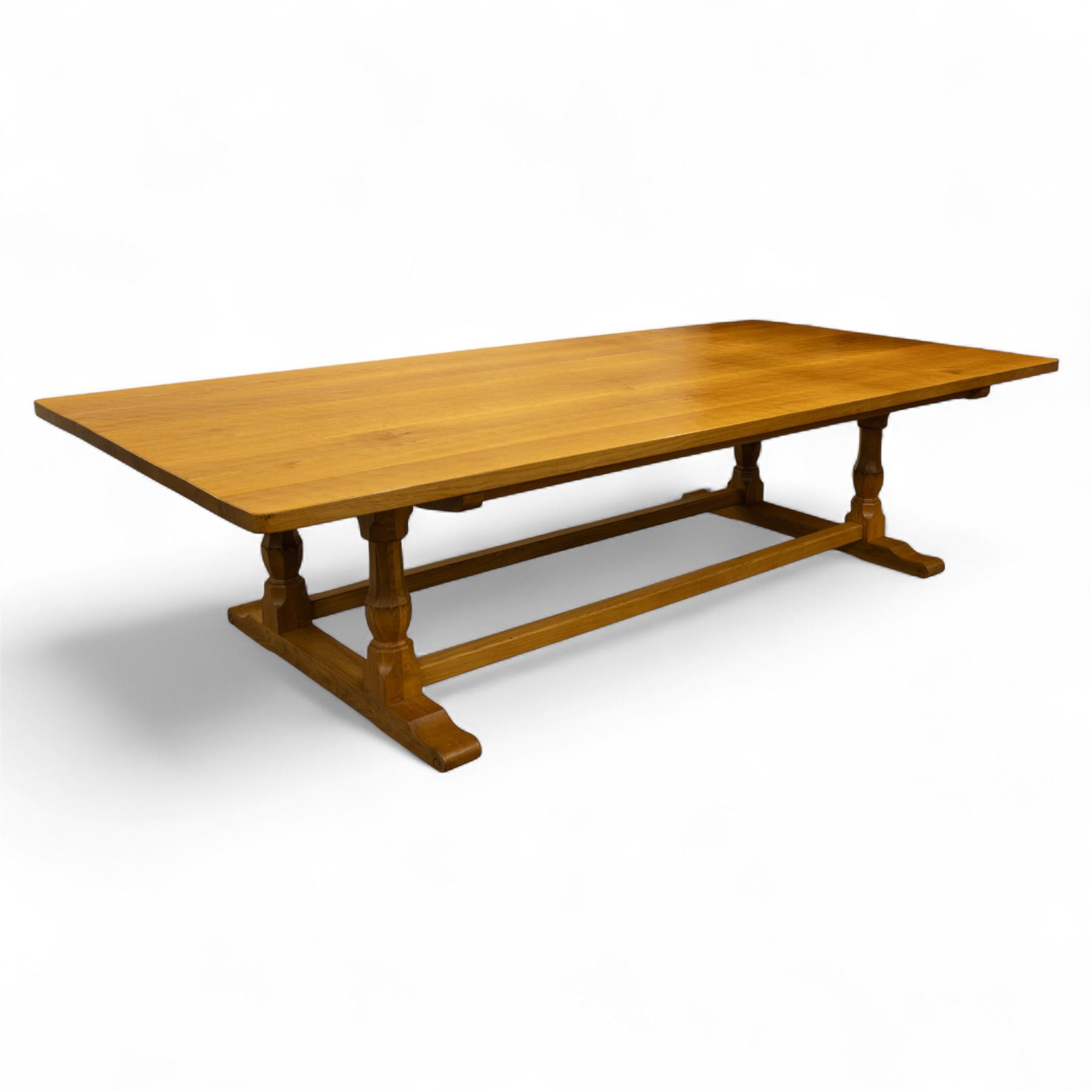 Wrenman - 10' x 5' adzed oak twin pillar dining table, with signature Wren carving on sleigh base, by Bob Hunter of Thirlby's workshop