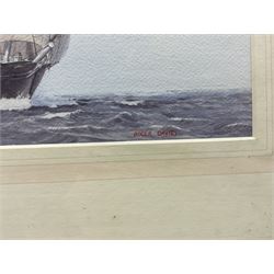 Roger Davies (British 1945-): 'Cutty Sark', watercolour signed, titled verso 22cm x 30cm; Sail Training Ship 'Jarramas', watercolour signed, titled verso 23cm x 31cm; 'Golden Sea' - Schooner in Full Sail, watercolour signed, titled verso 23cm x 30cm (3)