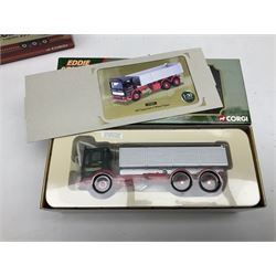 Corgi Eddie Stobart - four Classics lorries; 18801 Bedford KM, 97369 AEC Truck & Trailer, 23101 Ford Transcontinental Tilt Trailer and 14303 Foden S21 Artic Trailer; limited edition 21601 AEC Ergomatic 6-wheel Tipper; and two others in the Roadscene and Truckfest 25 Series; all boxed (7)