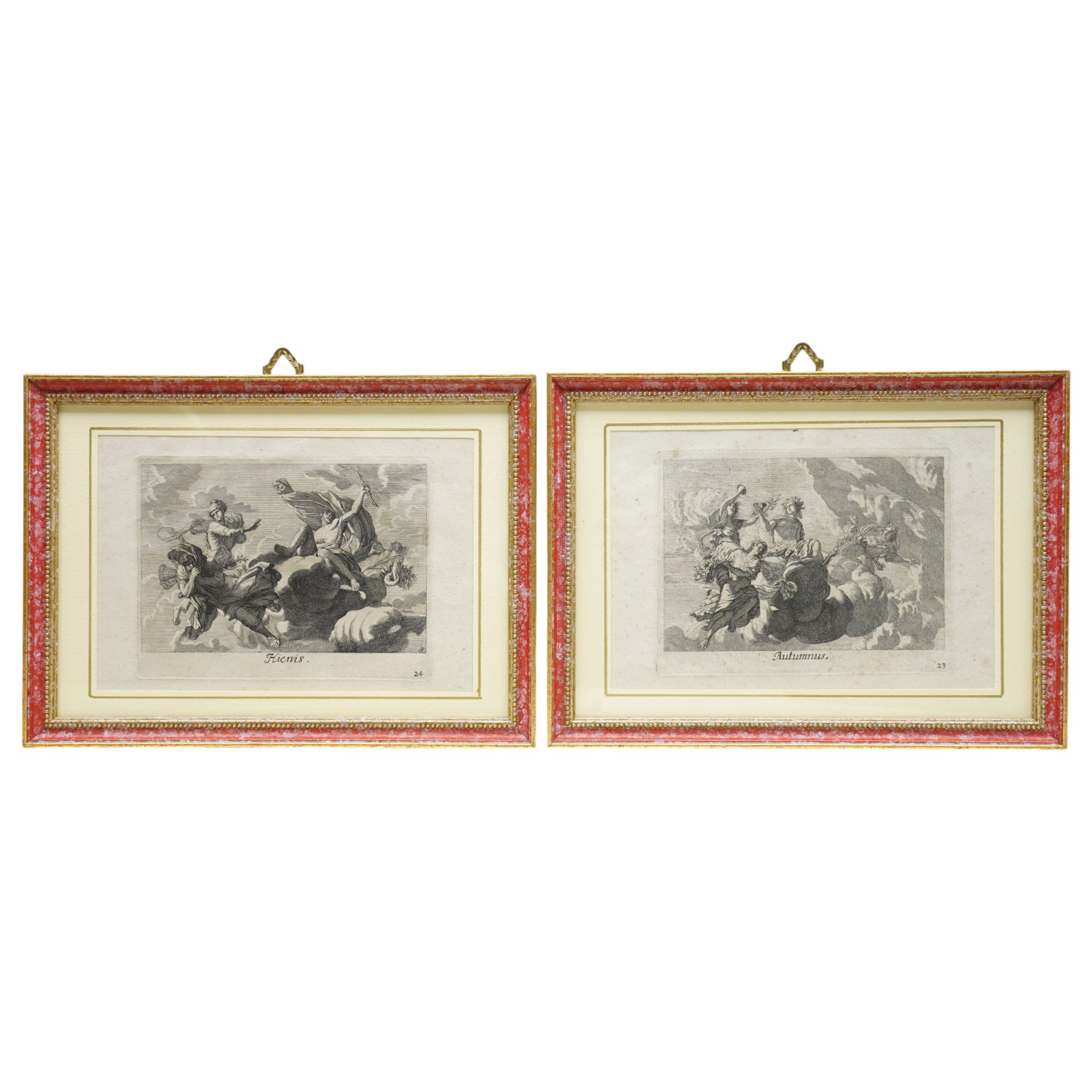 After Gerard de Lairesse (Dutch 1641-1711): The Four Seasons - Ver (Spring) - Aestas (Summer) - Autumnus (Autumn) - Hiems (Winter), set four 17th/18th century engravings pub. c.1700, 15cm x 22cm (4)