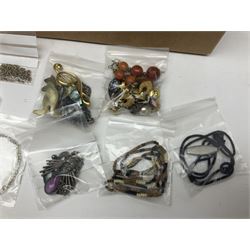 Silver necklace, compact mirror with lipstick holder and a collection of costume jewellery 