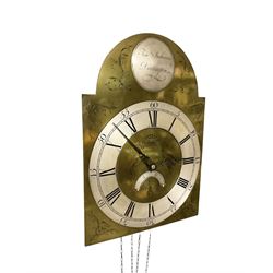 Timothy Richardson of Darlington-late 18th century 30hr longcase clock movement and dial c 1780, break arch brass dial with engraved spandrels, engraved dial centre and date aperture, silvered boss to the arch with makers name and place of work, with a silvered chapter, Roman numerals, five minute Arabic's, minute track and original steel hands, dial pinned directly to a chain driven movement with a recoil anchor escapement and outside countwheel strike, sounding the hours on a cast bell. With weight and pendulum. Dial 12