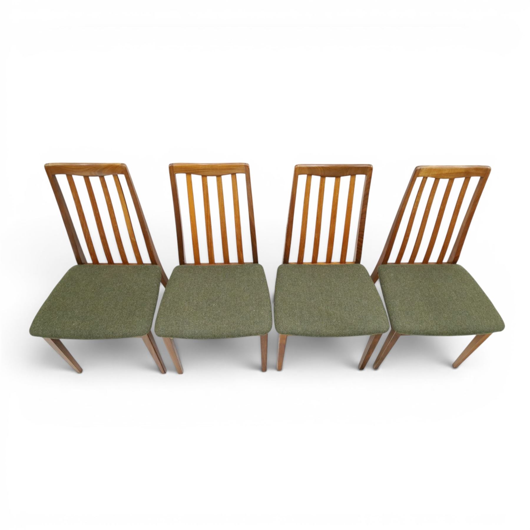 G-Plan - 'Fresco' set of teak eight dining chairs, reupholstered in green tartan and green harris tweed fabric 